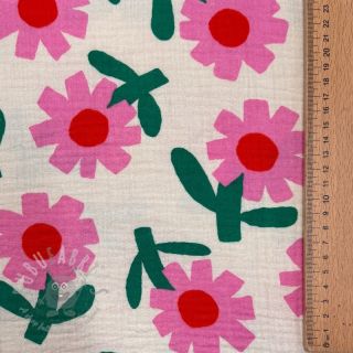 Muślin double gauze Flowers natural/pink by JENNIFER BOURON ORGANIC