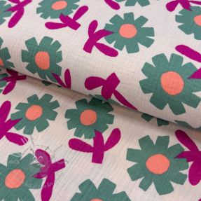 Muślin double gauze Flowers green by JENNIFER BOURON ORGANIC