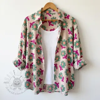 Muślin double gauze Flowers green by JENNIFER BOURON ORGANIC