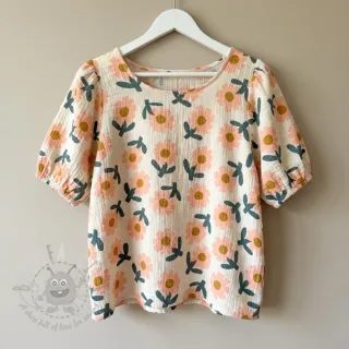 Muślin double gauze Flowers peach by JENNIFER BOURON ORGANIC