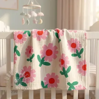 Muślin double gauze Flowers natural/pink by JENNIFER BOURON ORGANIC