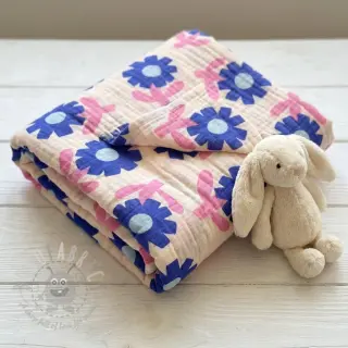 Muślin double gauze Flowers blue by JENNIFER BOURON ORGANIC