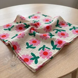 Muślin double gauze Flowers natural/pink by JENNIFER BOURON ORGANIC