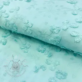 Bawełniana tkanina EMBROIDERY Catchy leaves aqua