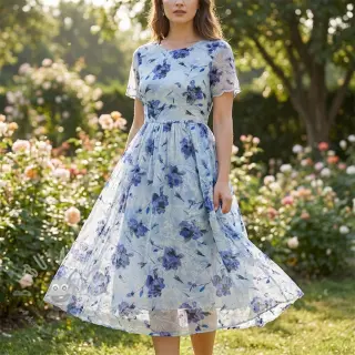 Tkanina bawełniana z domieszką EMBROIDERY Rose blue