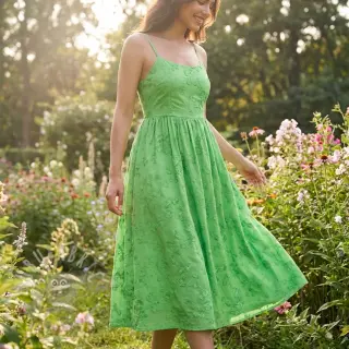 Bawełniana tkanina EMBROIDERY Catchy leaves green