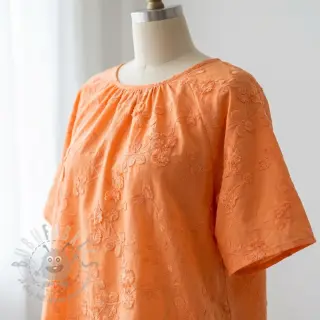 Bawełniana tkanina EMBROIDERY Catchy leaves orange
