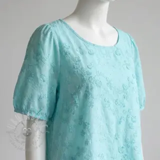 Bawełniana tkanina EMBROIDERY Catchy leaves aqua