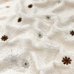Tkanina płaszczowa TEDDY EMBROIDERY Smiley flowers choco