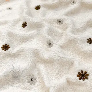Tkanina płaszczowa TEDDY EMBROIDERY Smiley flowers choco
