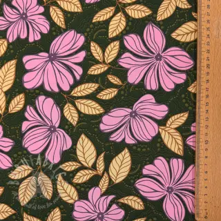 Bawełniana tkanina SATIN Autumn flowers dark green