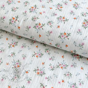 Muślin double gauze Flowers white ORGANIC