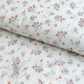 Muślin double gauze Flowers white ORGANIC
