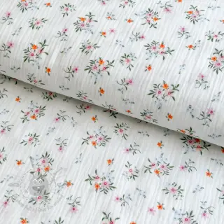 Muślin double gauze Flowers white ORGANIC