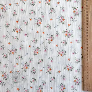 Muślin double gauze Flowers white ORGANIC