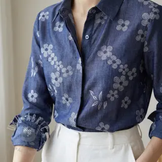 Bawełniana tkanina JEANS Chambre LUXURY JACQUARD Flowers dark blue