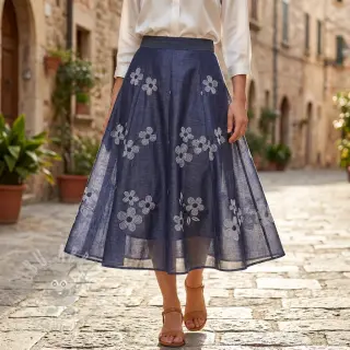 Bawełniana tkanina JEANS Chambre LUXURY JACQUARD Flowers dark blue