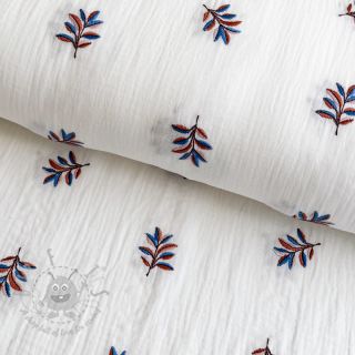 Muślin double gauze EMBROIDERY Leaves white