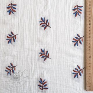 Muślin double gauze EMBROIDERY Leaves white