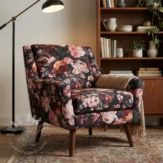 Tkanina dekoracyjna SLUB Bouquet burgundy digital print