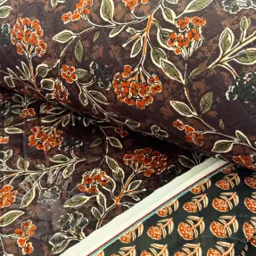 Tkanina elastyczny aksamit VELVET QUILT Flowers leaves dark brown