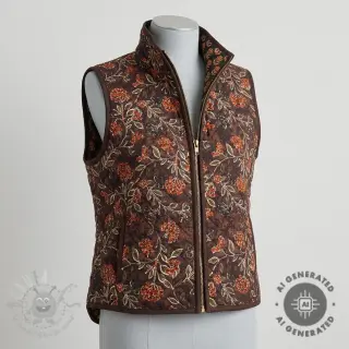 Tkanina elastyczny aksamit VELVET QUILT Flowers leaves dark brown