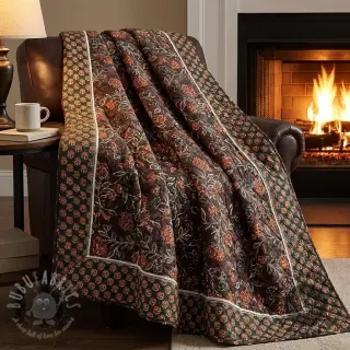 Tkanina elastyczny aksamit VELVET QUILT Flowers leaves dark brown