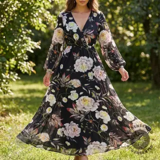 Tkaniny wieczorowe i damskie MAGNOLIA STRETCH Flowers bouquet black