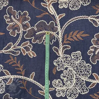 Bawełniana tkanina JEANS Embroidery leaves dark blue