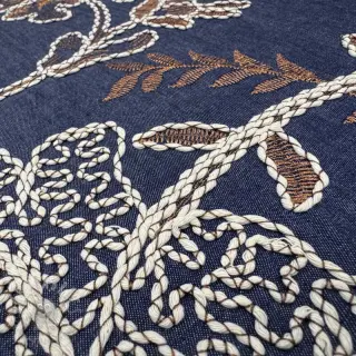Bawełniana tkanina JEANS Embroidery leaves dark blue