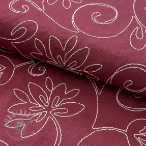 Tkanina wiskozowa z lnem EMBROIDERY Flora burgundy
