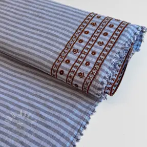 Muślin double gauze EMBROIDERY 1 SIDE BORDER blue