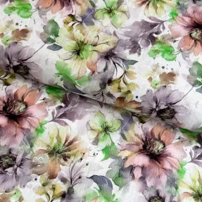 Len z bawelną Peony roses RAMIE green digital print