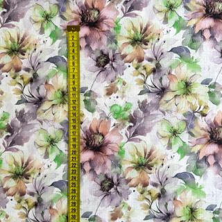 Ľan s bavlnou Peony roses RAMIE green digital print
