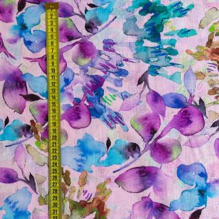 Len z bawelną Aquarel leaves RAMIE purple digital print