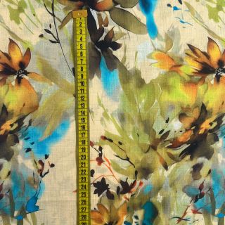 Len z bawelną Faded flowers RAMIE green digital print