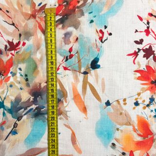 Len z bawelną Faded flowers RAMIE red digital print