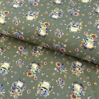 Dzianina Happy monsters khaki digital print