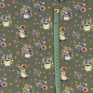 Dzianina Happy monsters khaki digital print