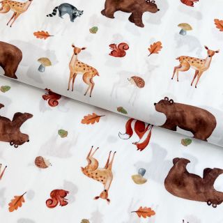 Tkanina bawełniana Animals in the wood white digital print