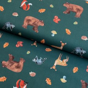 Tkanina bawełniana Animals in the wood dark green digital print