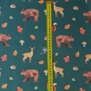 Tkanina bawełniana Animals in the wood dark green digital print