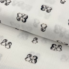 Muślin double gauze Penguin white digital print ORGANIC