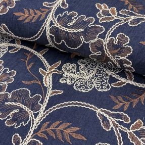 Bavlnená látka JEANS Embroidery leaves dark blue