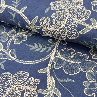 Bawełna JEANS Embroidery leaves light blue