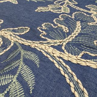 Bavlnená látka JEANS Embroidery leaves light blue