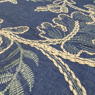 Bawełniana tkanina JEANS Embroidery leaves light blue