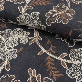 Bawełna JEANS Embroidery leaves black