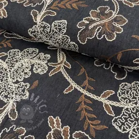 Bawełniana tkanina JEANS Embroidery leaves black