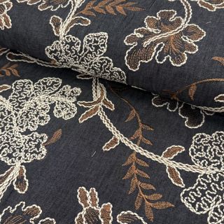 Bavlnená látka JEANS Embroidery leaves black